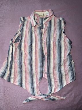 cloth & stone Pink, Navy & Cream Striped Collared Tie-Front Top